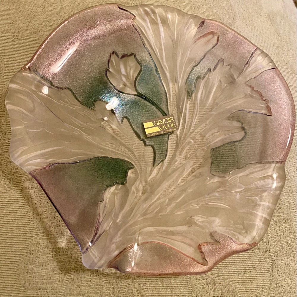 Vintage West German Green & Pink Glass Plate. In original box. NWT. Before 1988